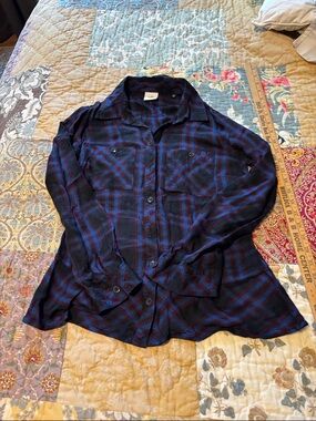 CAbi Blue, Black, and Burgundy Plaid Shirt